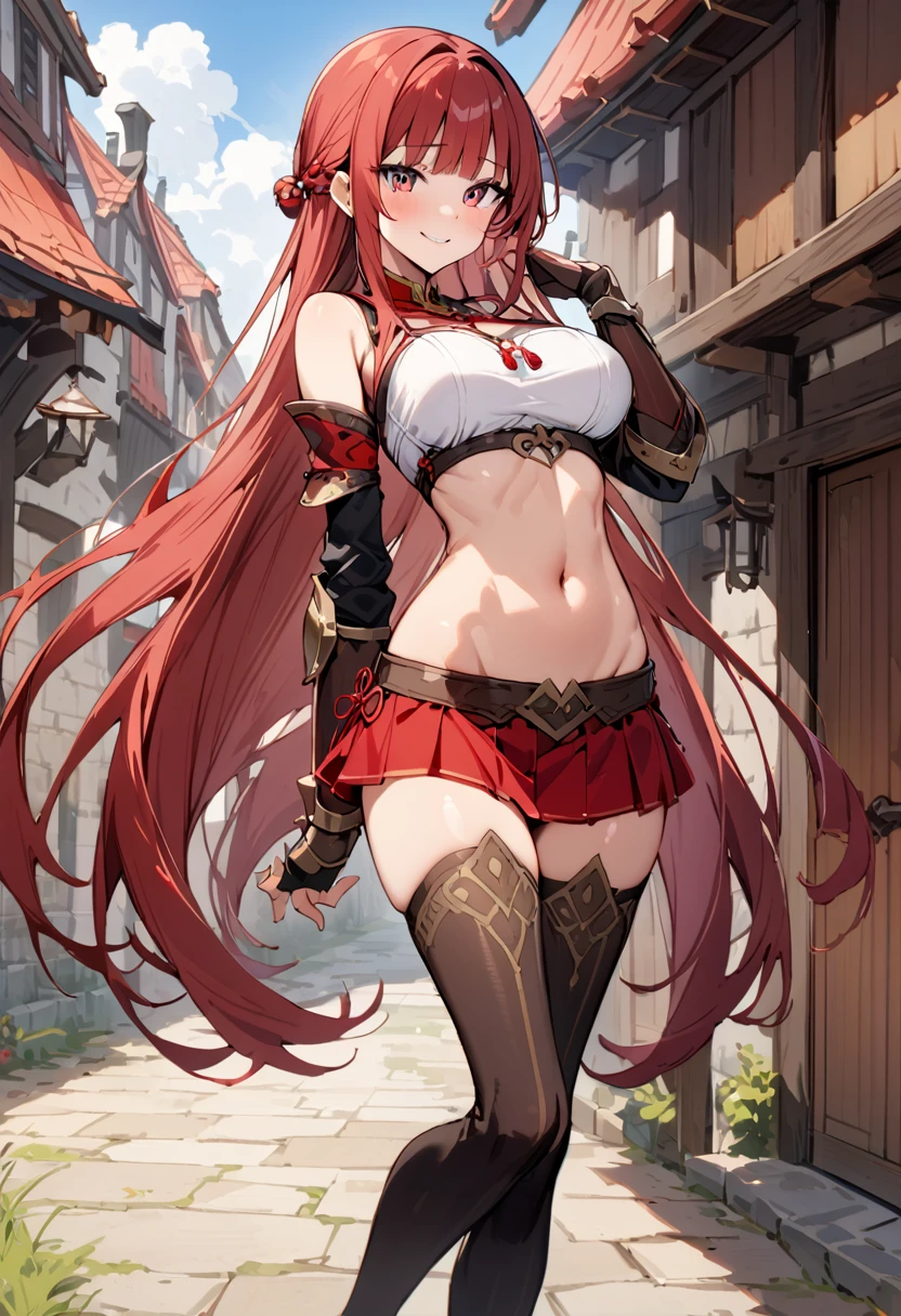 ((masterpiece,Highest quality:1.3)),1woman,30 year old beauty,独奏,((very small head:1.3)),red hair,long hair,blunt bangs,red eyes,gorgeous eyes,shy,smile,medium breasts,((very long body:1.3)),((toned body,slender body,)),skinny,gleaming skin,shiny skin,((Red pleated mini skirt)),(White tube top、navel、bara shoulder),((Red mini skirt))、Leather Gauntlets、、rural area、sunny、Medieval Europe、