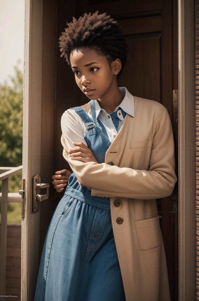 A Jehovah&#39;s Witness couple in front of a wooden door knocking on the door. The boy wearing a white short-sleeved dress shirt and gray dress pants with a brown messenger bag. The girl in a yellow flared dress with small pink flowers