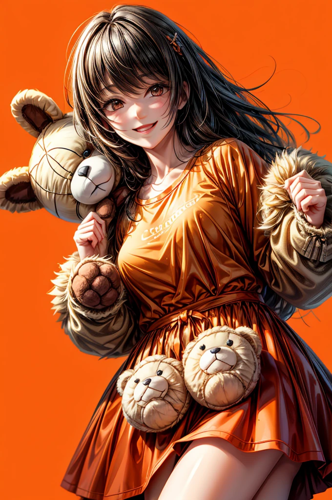 celebration, Give the teddy bear, A big smile, Orange background