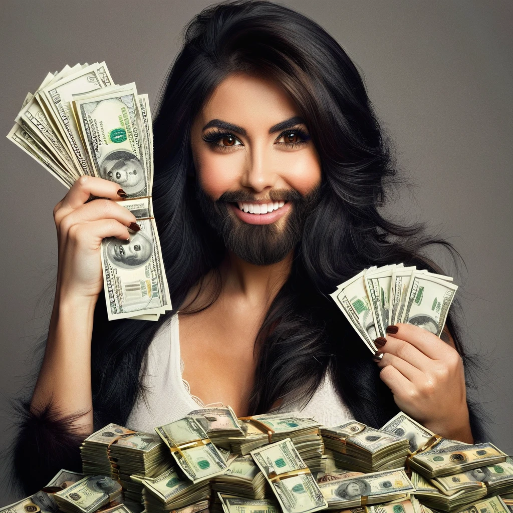 bearded woman beautiful shaggy beard, black hair, brown eyes, eyeliner, proud smile, seductive look, hold a load of dollar bills