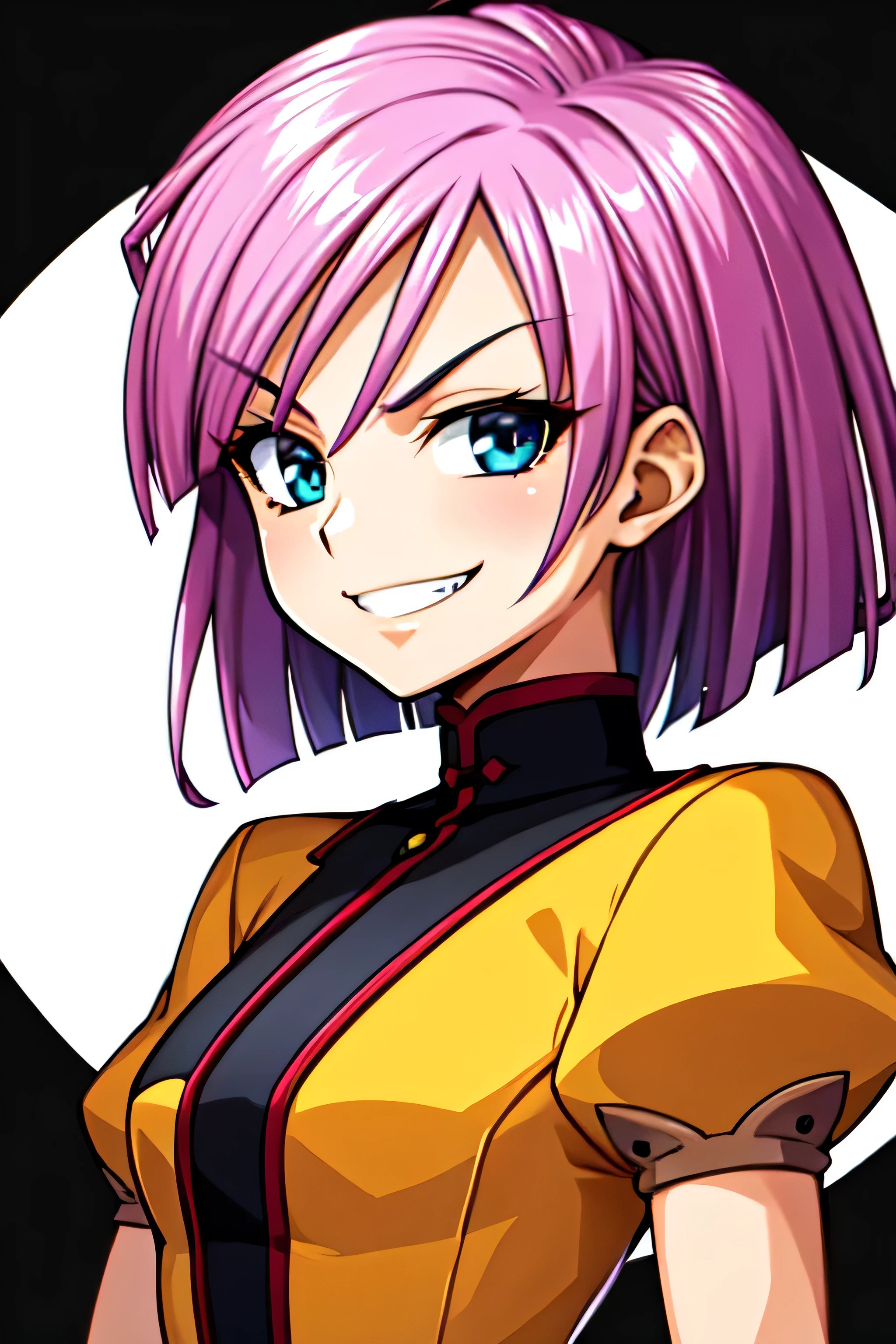 (best_quality 4K, 8K, High resolution, Masterpiece: 1.2), ultra detailed),from_below,(anime_screencap),(1girl,solo),dynamic_angle,too evil_smile,too evil laugh at,tis,deep shaded_face,too sadistic,smile worst,,bob short hair,,,looking at viewer,upper body,black background,too worst smile,too bad smile,too evil smirk,