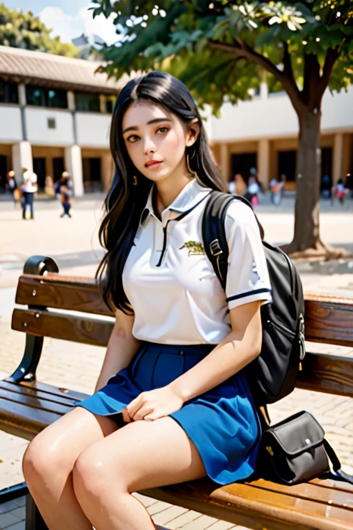 A beautiful student, 1girl, sitting on a bench, side profile, almond brown eyes, black long hair, campus background, black backpack, realistic, photorealistic, photo-realistic:1.37, best quality,4k,8k,highres,masterpiece:1.2,ultra-detailed,vivid colors,sharp focus,physically-based rendering,extreme detail description,professional