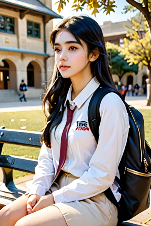 A beautiful student, 1girl, sitting on a bench, side profile, almond brown eyes, black long hair, campus background, black backpack, realistic, photorealistic, photo-realistic:1.37, best quality,4k,8k,highres,masterpiece:1.2,ultra-detailed,vivid colors,sharp focus,physically-based rendering,extreme detail description,professional
