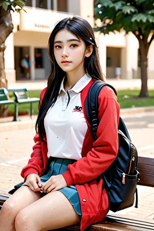A beautiful student, 1girl, sitting on a bench, side profile, almond brown eyes, black long hair, campus background, black backpack, realistic, photorealistic, photo-realistic:1.37, best quality,4k,8k,highres,masterpiece:1.2,ultra-detailed,vivid colors,sharp focus,physically-based rendering,extreme detail description,professional