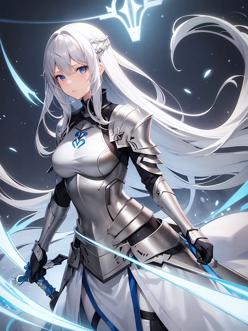 Gray hair straight long、Blue Eyes、One Woman、solo、White Knight、Silver Armor、Clean sword、、Rin々Shii、Focus on the Opponent