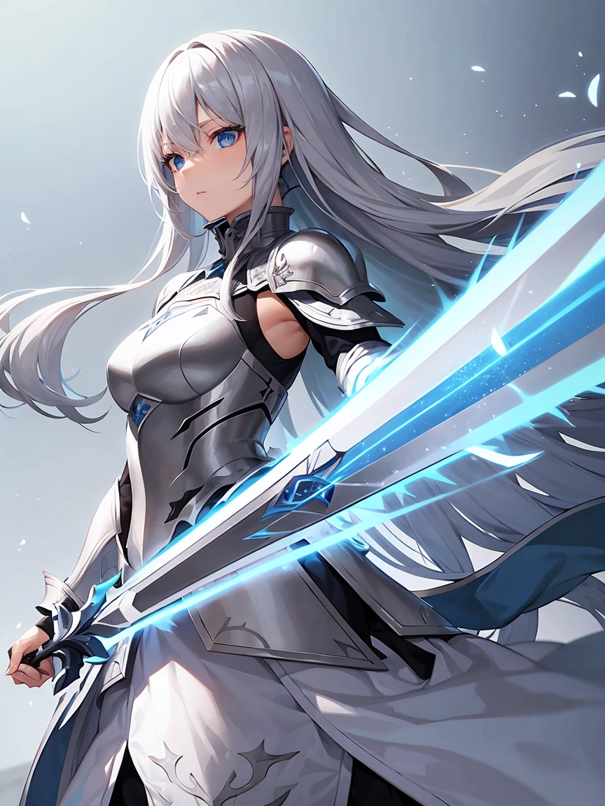 Gray hair straight long、Blue Eyes、One Woman、solo、White Knight、Silver Armor、Clean sword、、Rin々Shii、Focus on the Opponent
