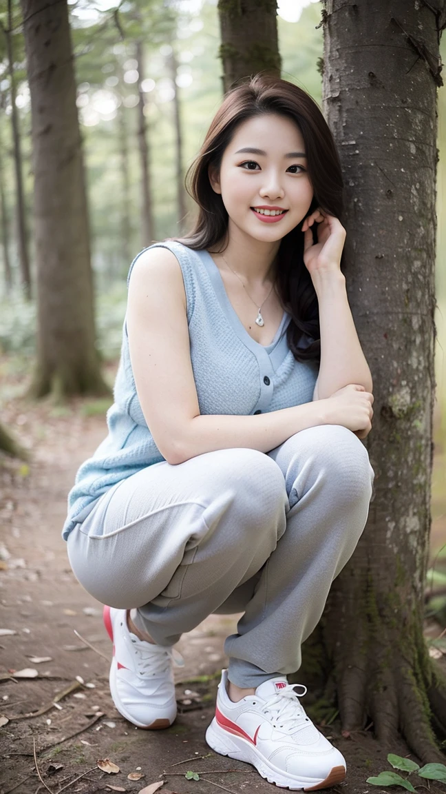 masterpiece, best quality, Surreal, Ultra Detailed, 8k resolution, RAW photos, Clear focus, (A girl in the forest),Asian woman in a blue top and white shorts posing for a photo,Breast augmentation， Full body posture, Solitary, Perfect body, , 32 inches in the chest,(a charming smile:1), (sexy pose)，26 years old, light,White shoes，Nozomi Takemura, Oka Yasumoto, Chiho, Ogata Aoi, Motto Cave, Yoshitomo Nara, Kakinuchi Megumi, Harumi, Kojima De Ami, Beichuan Marin，