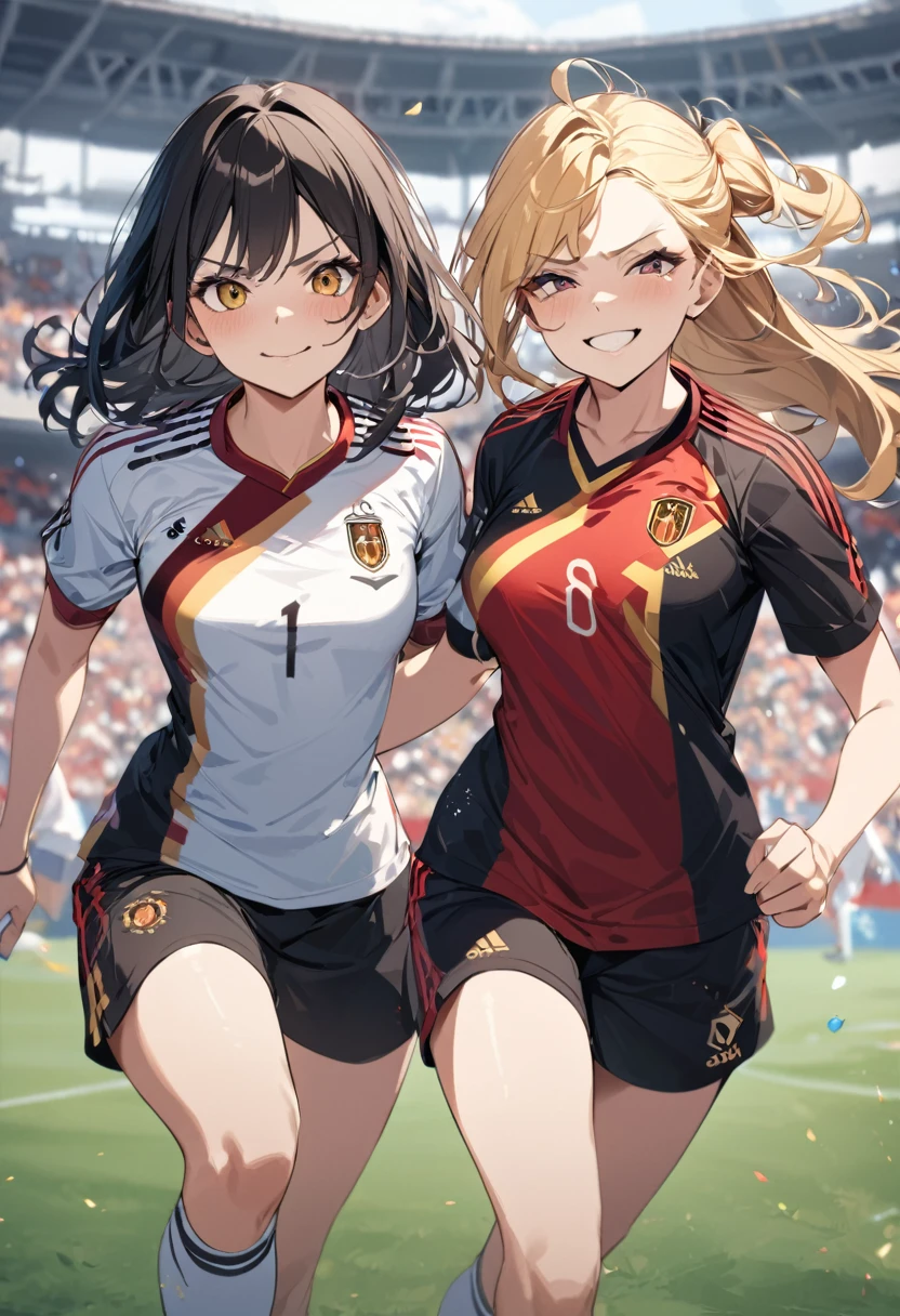 (award winning, 8k, super detailed, high resolution, best quality) , illustration about football, (two girls), girl on the left with blonde hair in ((spain soccer uniform)) and smirk expression, girl on the right with black hair in ((germany soccer uniform)) and (timid expression), (running side by side), ((beautiful girls)), football stadium.