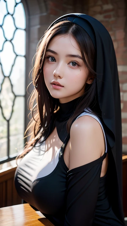 Nun Girl, Perfect face, perfect body, body shot: 1.3, Ultra details on beautiful face, Hair to the wind, ultra details, 8k, closeup on her big round breasts, background inside a church
