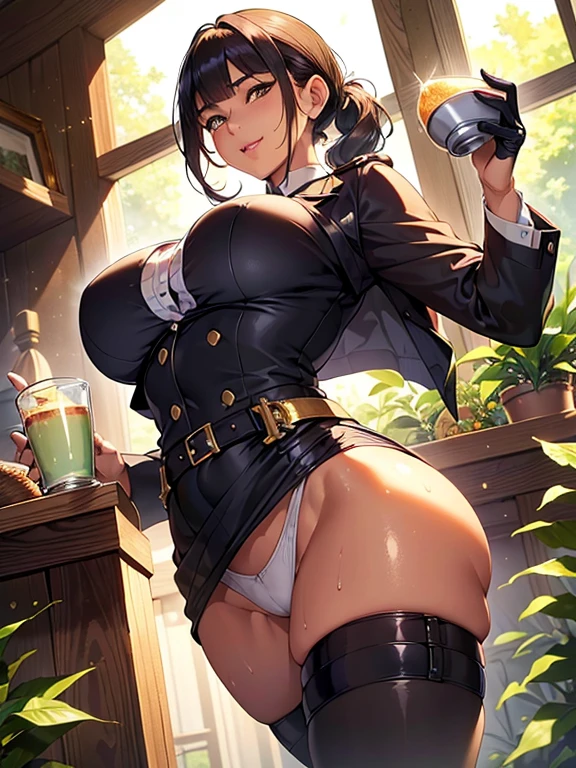highest quality、(real、photorealistic:1.4)、(RAW photo:1.2,(Curve,Model,glamor:1.5),Beautiful breasts,(from below:1.2),(from side:0.9), ((Face)), (Close-Up:0.4), ((looking at viewer, holding a cup of coffee)), highest quality、(real、photorealistic:1.4)、(RAW photo:1.2),highest quality,(masterpiece),(((Whole body image))),(a 18yo girl), (Highly detailed face),Slightly round face, (Tan brown face:1.0), Boyish beauties, beautiful face, Beautiful lips,Baby Face,(Big eyes),((black,hair,long pony tail hair)),thin pubic hair,cute,lovely,(strong silver hair:1.2),(blunt bangs),(Brown skin:1.0),(Military uniform, bulletproof jacket),nice companion,delicate body、thin legs,beautiful black dress,black gloves, black thighhighs, white panties,(double breasted,under bust:1.2)in the kitchen Woman in survival mode,Sexy thighs,Heat,Sweat heavily,Tropical forests,During a break,sit cross-legged on the ground,The way the light shines is beautiful, Beautiful buttocks,(with sparkling eyes and a contagious smile),little open mouth,black suspenders,Bulging big,breasts,walls: Black miniskirt,garters,Gaze,Small face,bangss,holster,Beautuful Women,hands up,leg holster,Gaze,black boots panty shot, provocation,flank,flank sweat soio,arm,,narrow waist,(with sparkling eyes and a contagious smile),her thin pubic hair, looking at viewer, pose muy sexy"
