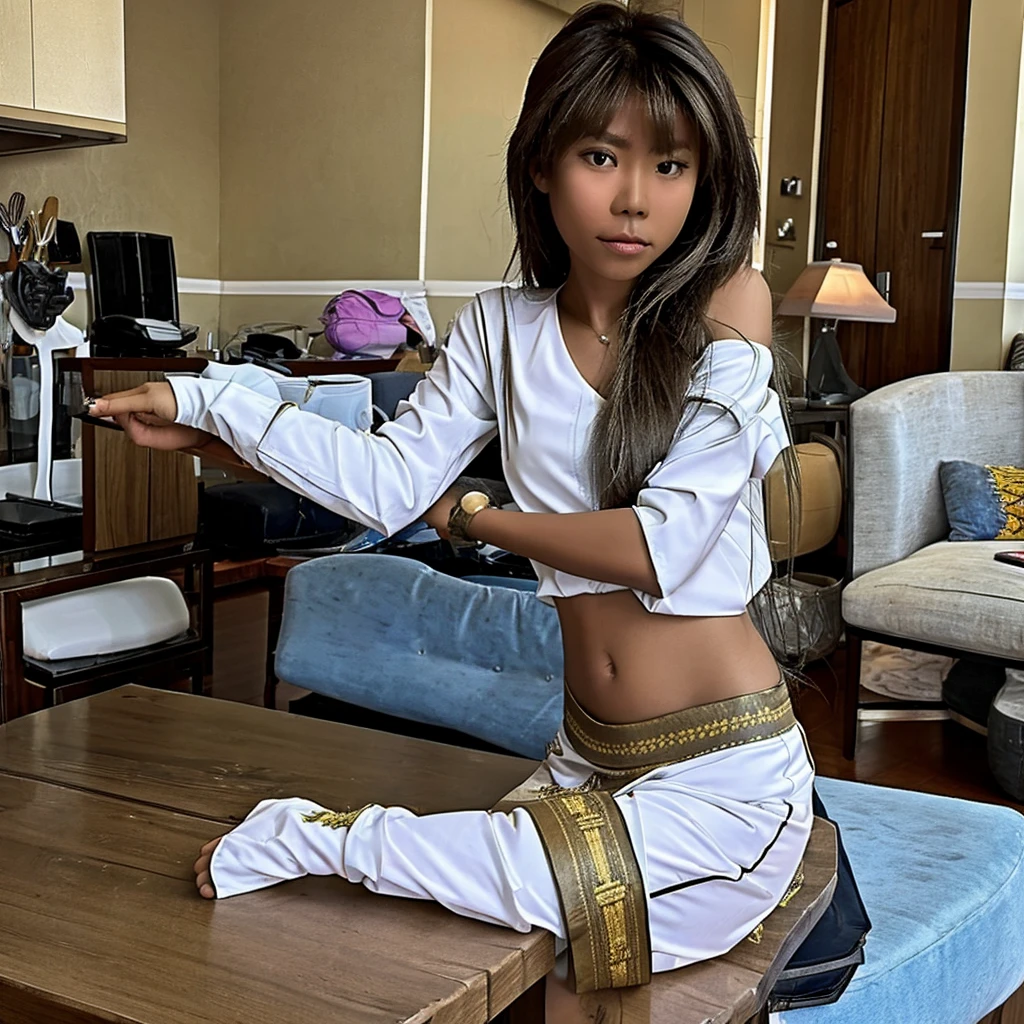 Filipina girl sawn in half on table, upper body separated from lower body