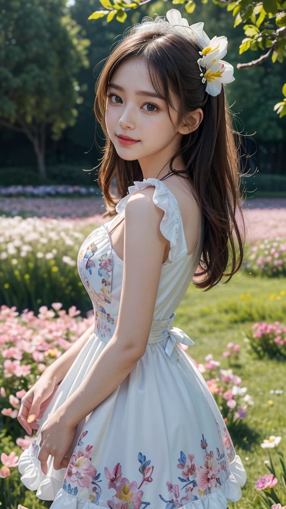 22 years Beautiful korean Girl, masterpiece, best quality, official art, extremely detailed CG unity 8k wallpaper, Ray Tracing, highly detailed, absurdres, Panorama, Depth of field, telephoto lens, angel, looking afar, looking to camera man, in spring, sunset, rainbow, (((flower field))), (((flower sea))), Tyndall effect, 100% Realistic, ((Realistic)), (paper figure),((impasto)),(shiny skin), (water color),bloom effect,detailed beautiful grassland with petal,flower,butterfly,necklace,smile,petal, ((Summer One Piece Dress Korean Kawaii Lolita Dress)), ((Elegant Y2k Mini Dress Party Puff Sleeve Fairy Chic - Pink)), Perfect body figure, Beautiful Smile, Cinematic photography, Sexy angles, Stylish poses, 4 Different poses, 64k , high resolution picture quality, very clear body figure, Flowers in hand, Flowers on Hair,