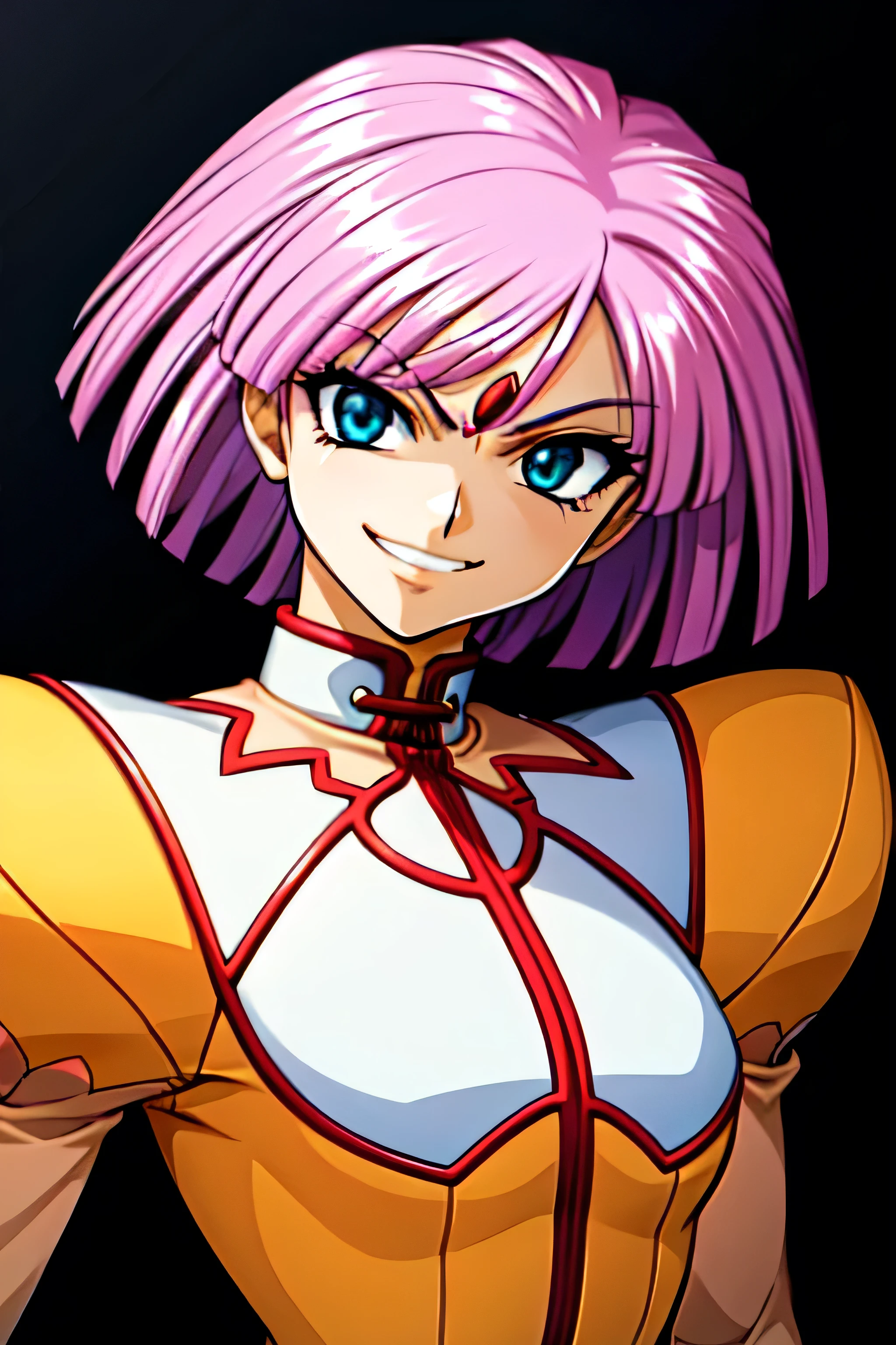 (best_quality 4K, 8K, High resolution, Masterpiece: 1.2), ultra detailed),from_below,(anime_screencap),(1girl,solo),dynamic_angle,too evil_smile,too evil laugh at,tis,deep shaded_face,too sadistic,smile worst,,bob short hair,,,looking at viewer,upper body,black background,too worst smile,too bad smile,too evil smirk,
