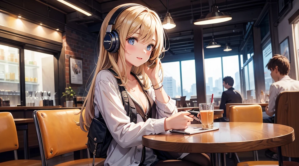 Girl with headphones enjoying music in a cafe　I am studying　Emphasize a little bit of the chest