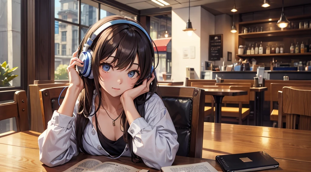 Girl with headphones enjoying music in a cafe I am studying Emphasize a little bit of the chest
