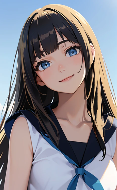 (masterpiece:1.5、Photorealistic:1.4,High Saturation:1.4、high resolution:1.4)、,(Dynamic Angle:1.5、spot light:1.2、Exquisite beautiful eye:1.5,portlate)、
(kind eyes、tareme:1.4),()、(Cute Face、Eyes in Love:1.4)、(blonde hair:1.5)、(middle hair:1.5),(sidelock :1.9),(blunt bangs:1.3),(1 school girl)、(aqua eyes:1.2)、(upper body:1.5)、(light smile:1.5)),()、()(head tilt) ,(),(flat chest),(),(school sailor uniform:1.5),( beautiful blue sky background:1.5)、()、(serafuku)、Slim Body(),Shiny Hair、girl、zydG