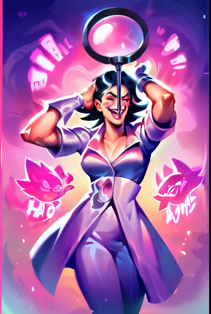 score_8_up, score_7_up, mad detective, hands on head, futuristic hot pink clothing, spiky black hair, laughing like a mad scientist, inventor workshop background, magnifying glass, makeup, pink magic effects, aura hearthstone style