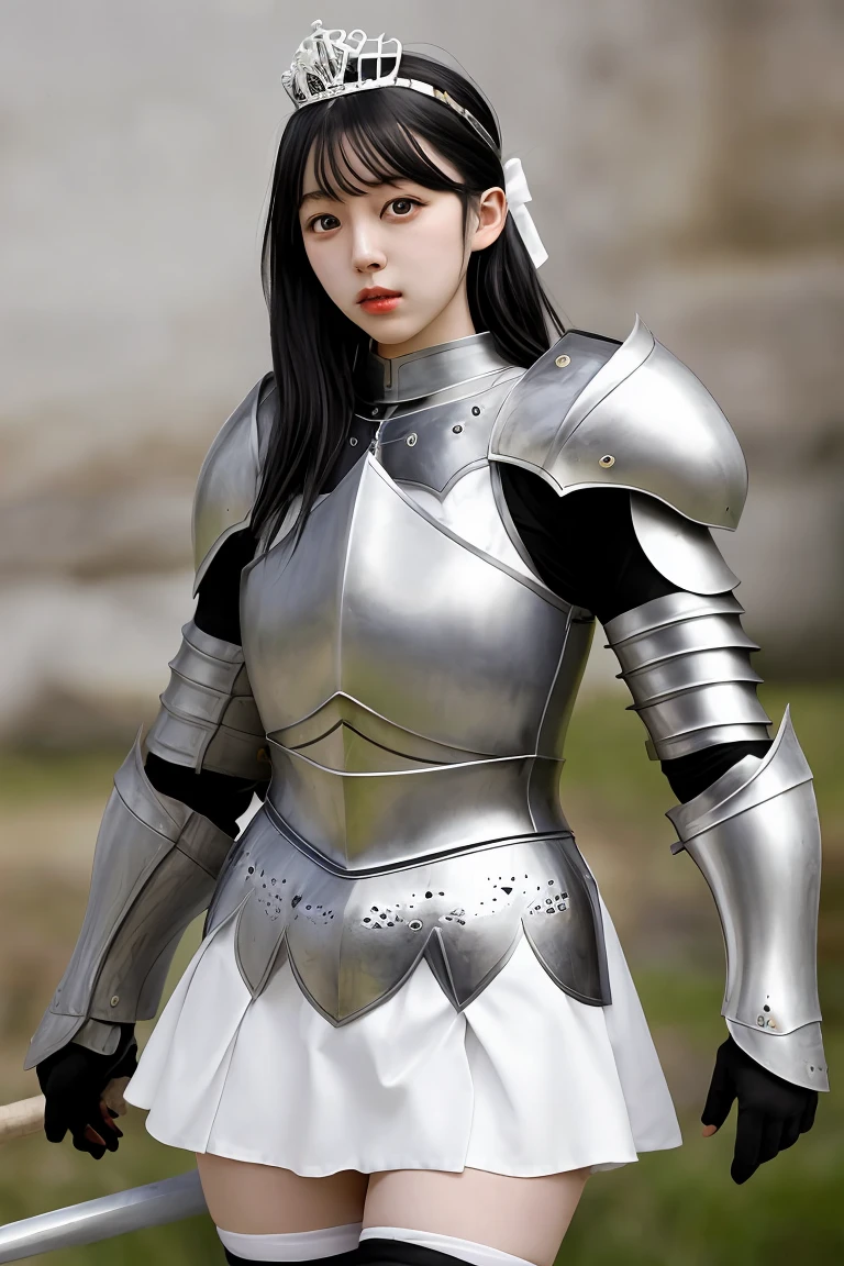 female knight　White mini skirt　Black Hair　hair band　armor　tiara　White panties