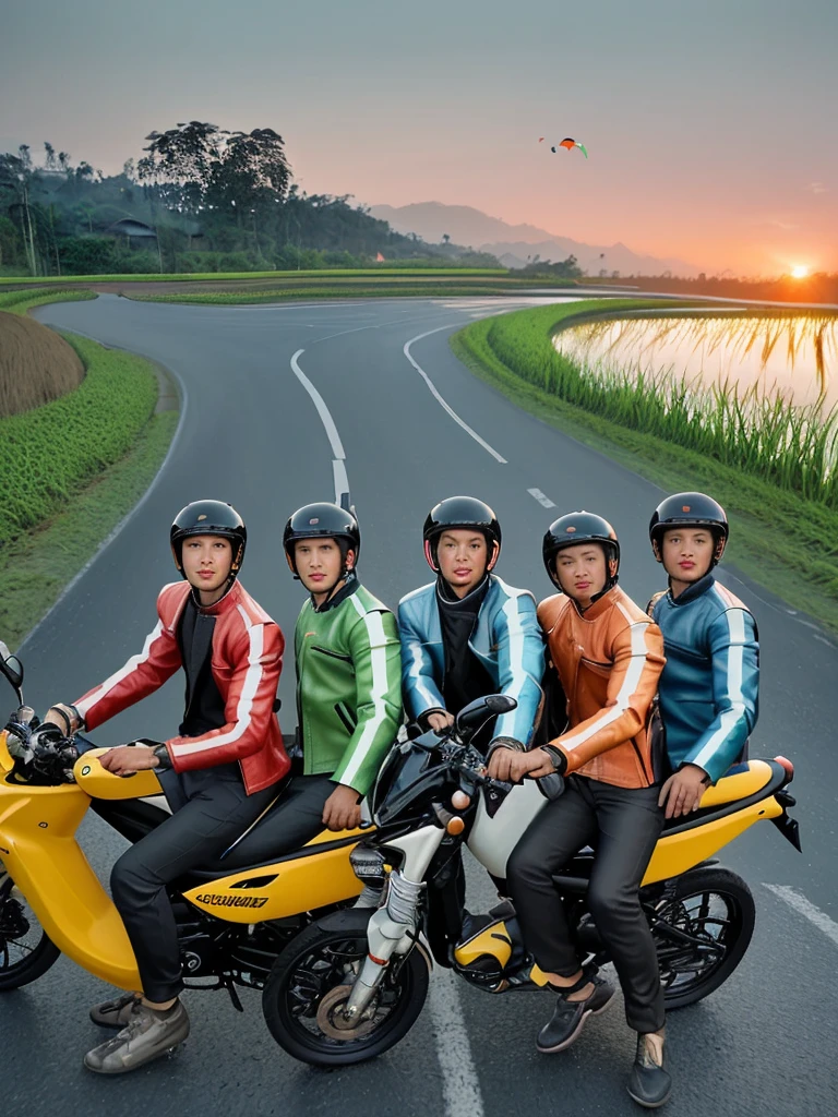 Create a very realistic picture, showing 5 Indonesian men, with clean faces, standing next to a random colored sports motorbike, they are wearing random colored leather jackets, black trousers and random colored shoes. Helmets are placed on motorbikes. The background shows a blurry view of the road between beautiful rice fields, dusk or dawn, someone playing kite, high lighting, clear colors