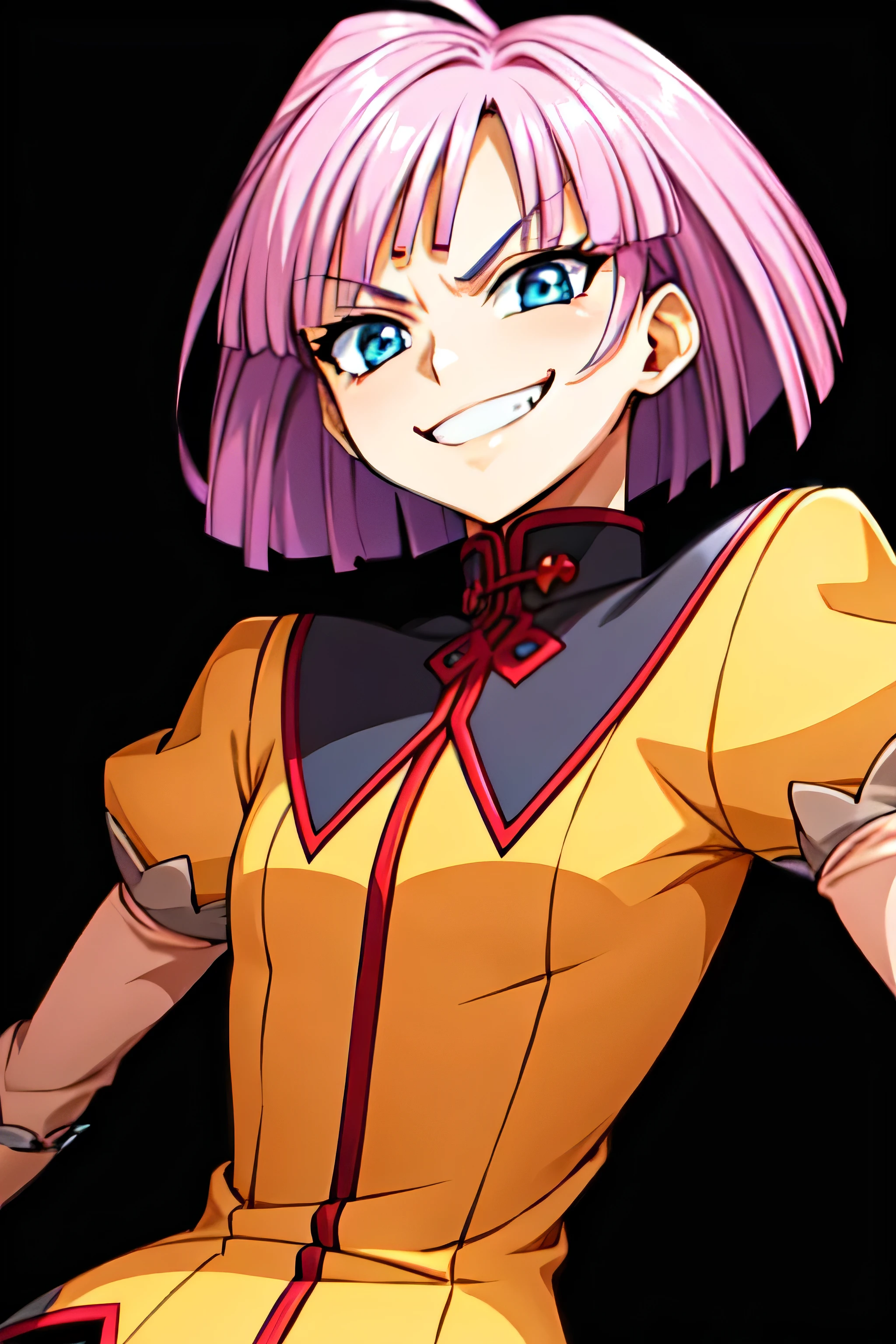 (best_quality 4K, 8K, High resolution, Masterpiece: 1.2), ultra detailed),from_below,(anime_screencap),(1girl,solo),dynamic_angle,too evil_smile,too evil laugh at,tis,deep shaded_face,too sadistic,smile worst,,bob short hair,,,looking at viewer,upper body,black background,too worst smile,too bad smile,too evil smirk,
