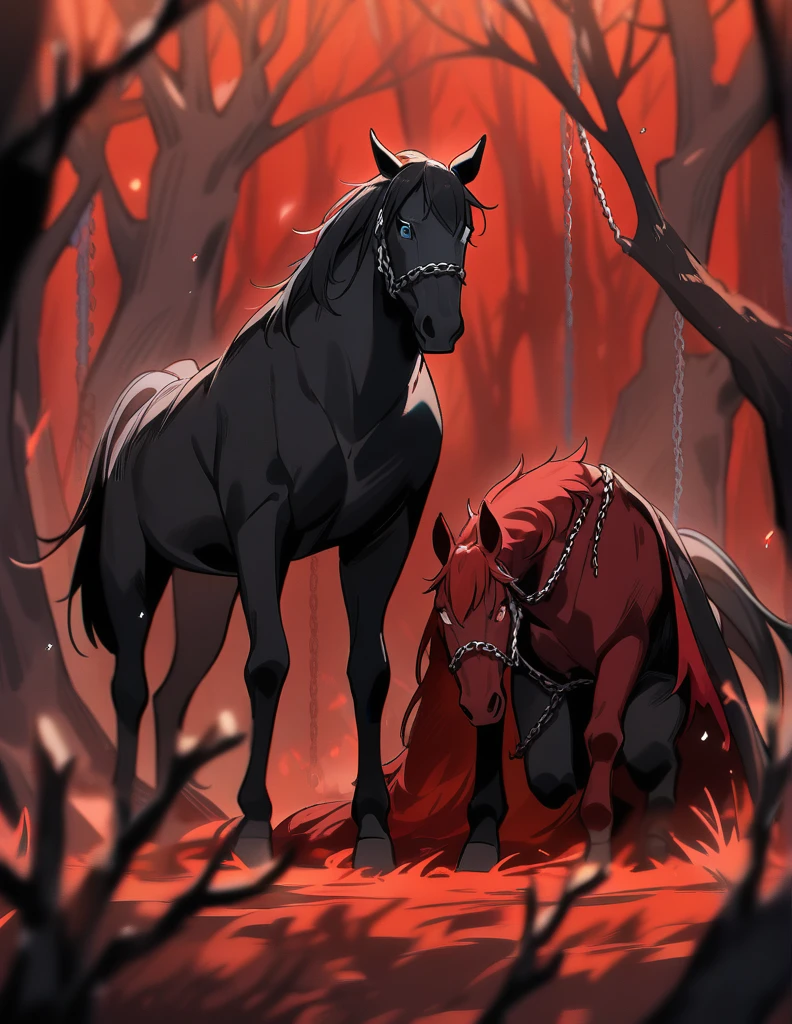 two black horses with red manes, with chains thrown to the ground, in a red forest of dead trees