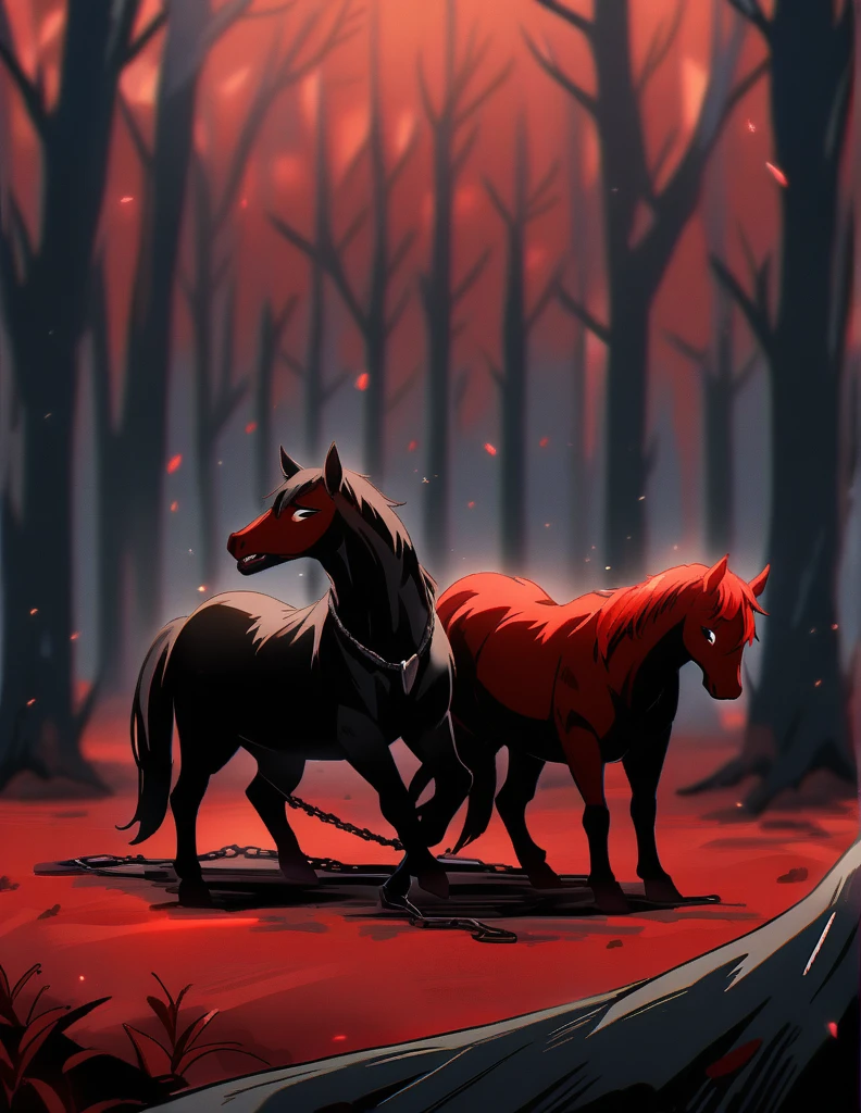 two black horses with red manes, with chains thrown to the ground, in a red forest of dead trees