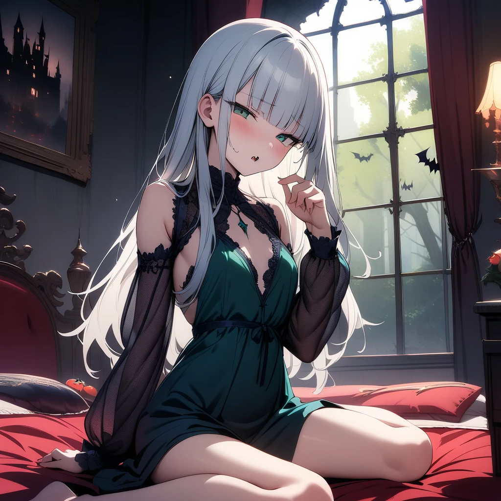 (masterpiece),(best quality),very aesthetic,(ultra-detailed),(illustration),(degenerate),very aesthetic,1girl,16yo,slender,long hair,silver hair,straight hair,disheveled hair,(blunt bangs),dark blue alluring eyes,sleepy,half closed eyes,condescending look,An elegant and sophisticated outfit perfect for a party, featuring a velvet long negligee with dark blue lace accents sleeves,ecstasy,happy,inroom,on bed,wariza,daytime,Lascivious atmosphere,fantastic atmosphere,Sunlight shining through the window,forest landscape,curtains flutter in the wind,Toxic green colored lace thong,Old furnishings,dusty room,cowboy shot,looking at viewer,closed mouth, tomato juice glass, dark fantasy, black castle