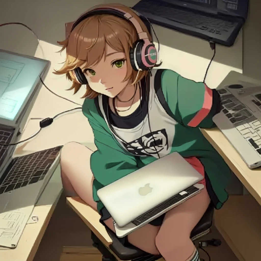 Cartoon character sitting at a desk with a laptop and headphones, praise girl, praise artstyle, praise art, praise girl aesthetic, praise feel, praise hip hop, praise portrait, praise colors, praise vibes, praise aesthetic, praise vibe, praise, Lo-fi art, Chihiro! fujisaki