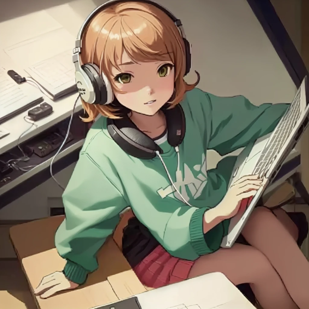 Cartoon character sitting at a desk with a laptop and headphones, praise girl, praise artstyle, praise art, praise girl aesthetic, praise feel, praise hip hop, praise portrait, praise colors, praise vibes, praise aesthetic, praise vibe, praise, Lo-fi art, Chihiro! fujisaki