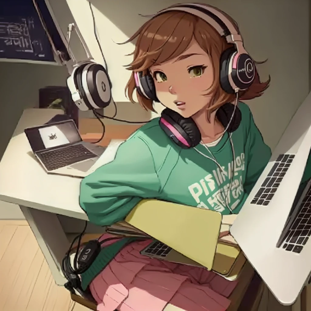 Cartoon character sitting at a desk with a laptop and headphones, praise girl, praise artstyle, praise art, praise girl aesthetic, praise feel, praise hip hop, praise portrait, praise colors, praise vibes, praise aesthetic, praise vibe, praise, Lo-fi art, Chihiro! fujisaki