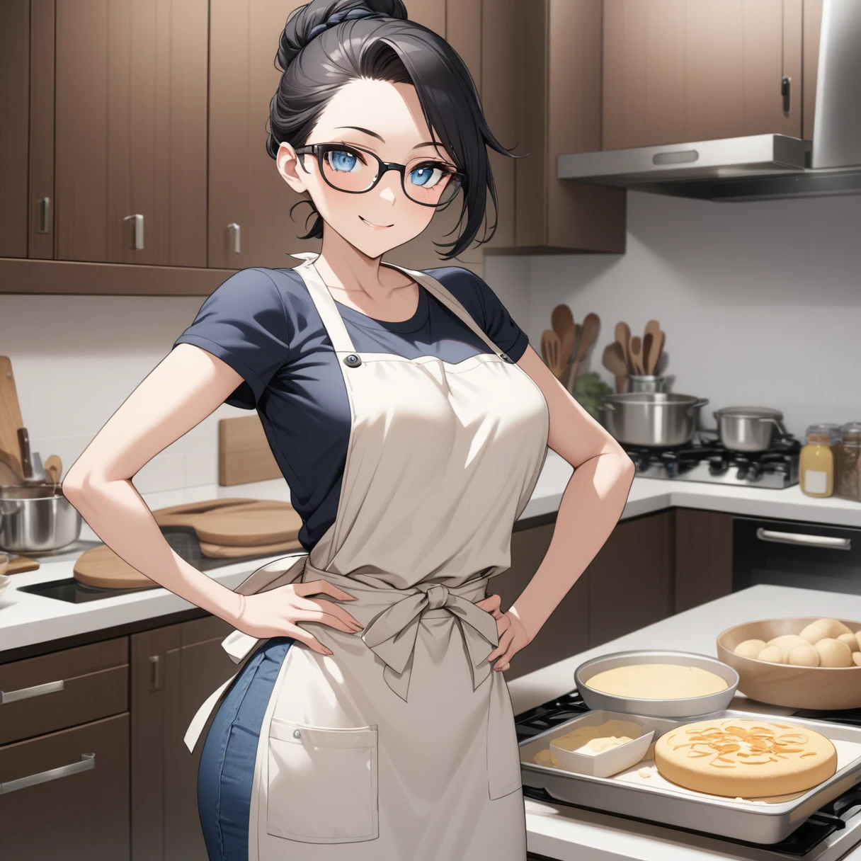 Adult female, highly detailed, glasses, short black hair tied back, blue eyes, smile, kitchen, apron, perfect eyes, high quality, hands on hips, baking