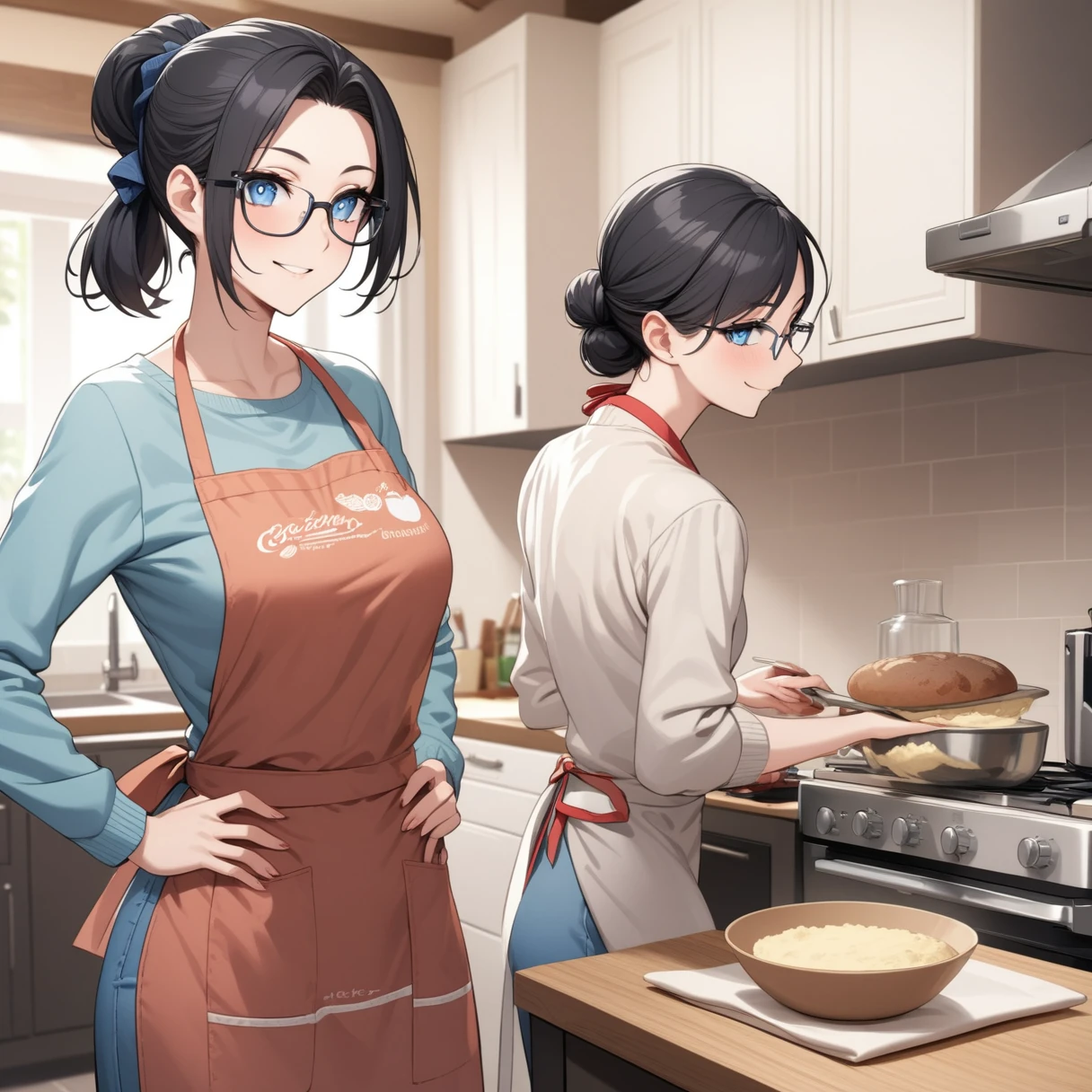 Adult female, highly detailed, glasses, short black hair tied back, blue eyes, smile, kitchen, apron, perfect eyes, high quality, hands on hips, baking