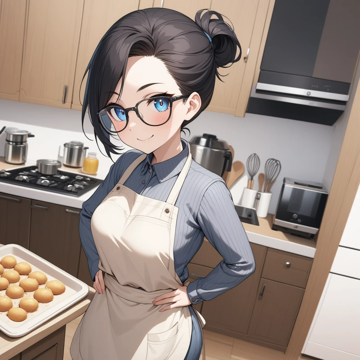 Adult female, highly detailed, glasses, short black hair tied back, blue eyes, smile, kitchen, apron, perfect eyes, high quality, hands on hips, baking