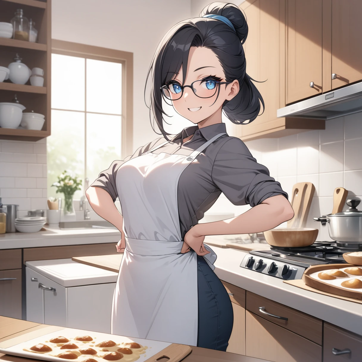 Adult female, highly detailed, glasses, short black hair tied back, blue eyes, smile, kitchen, apron, perfect eyes, high quality, hands on hips, baking
