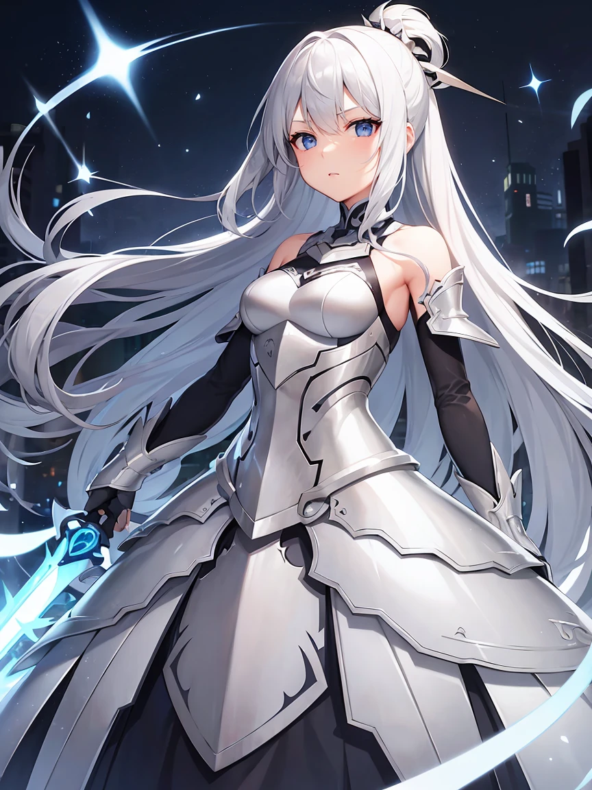 Gray hair straight long、Blue Eyes、One Woman、solo、White Knight、Silver Armor、Clean sword、、Rin々Shii、Focus on the Opponent