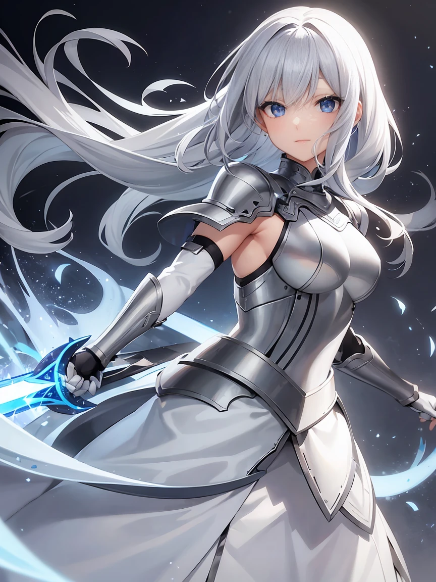 Gray hair straight long、Blue Eyes、One Woman、solo、White Knight、Silver Armor、Clean sword、、Rin々Shii、Focus on the Opponent