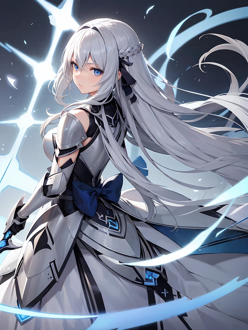 Gray hair straight long、Blue Eyes、One Woman、solo、White Knight、Silver Armor、Clean sword、、Rin々Shii、Focus on the Opponent