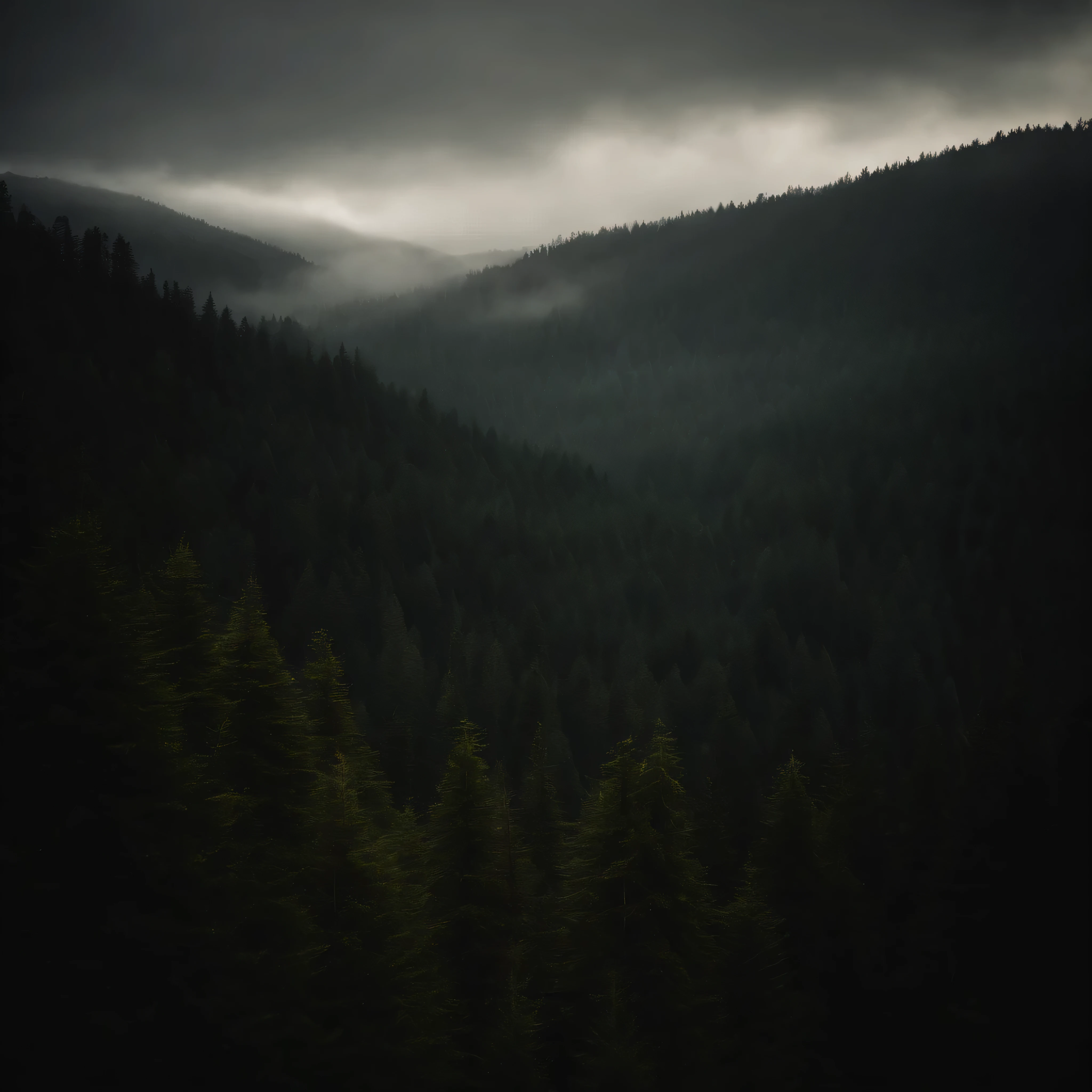 A vast Landscape of a Very dark forest, Filled with Redwood Tree's, 