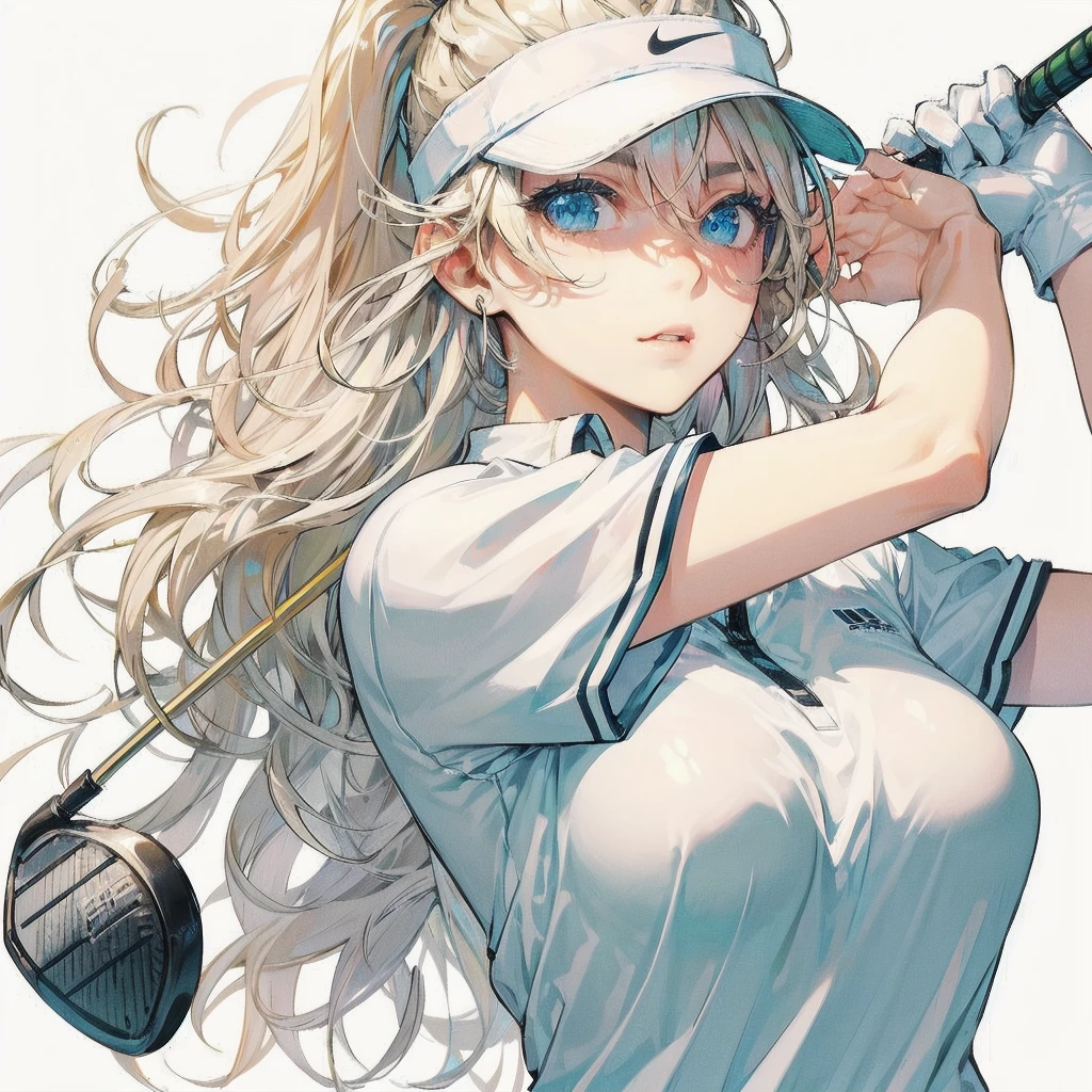 masterpiece, (textured skin), best quality, gorgeous beautiful girl, (a female golf athlete), detailed clothes,large breasts,narrow waist,, (beautiful face), cinematic lighting, (at golf venue ),