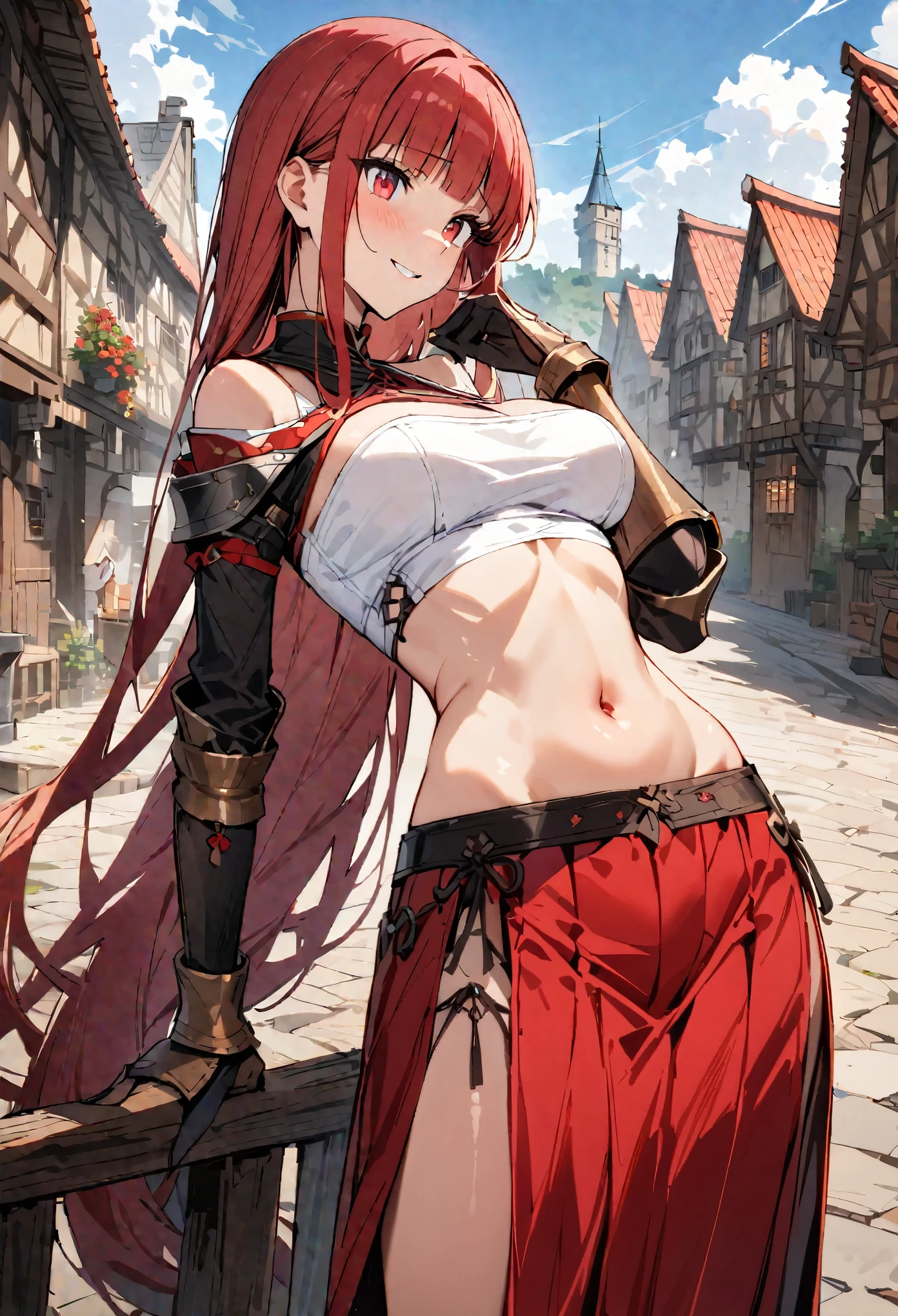 ((masterpiece,Highest quality:1.3)),1woman,30 year old beauty,独奏,((very small head:1.3)),red hair,long hair,blunt bangs,red eyes,gorgeous eyes,shy,smile,medium breasts,((very long body:1.3)),((toned body,slender body,)),skinny,gleaming skin,shiny skin,((Red pleated mini skirt)),(White tube top、navel、bara shoulder),((Red mini skirt))、Leather Gauntlets、、rural area、sunny、Medieval Europe、