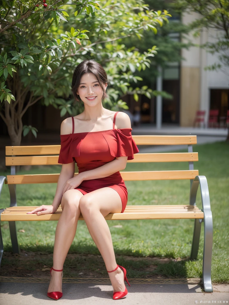 最high quality, 8K, Masseter area, Energetic, Clear focus, high quality, high resolution, Delicate face, Fine particles, thick lips, (Looking at the audience), Solitary, Beautiful woman, 38 years old, Plum, Black short hair,  (Red Off-shoulder Spaghetti Strap Dress:1.5), afternoon、In front of the park garden,（Sitting on a bench：1.5）、((Smile:1.5))、((Wearing black high heels))