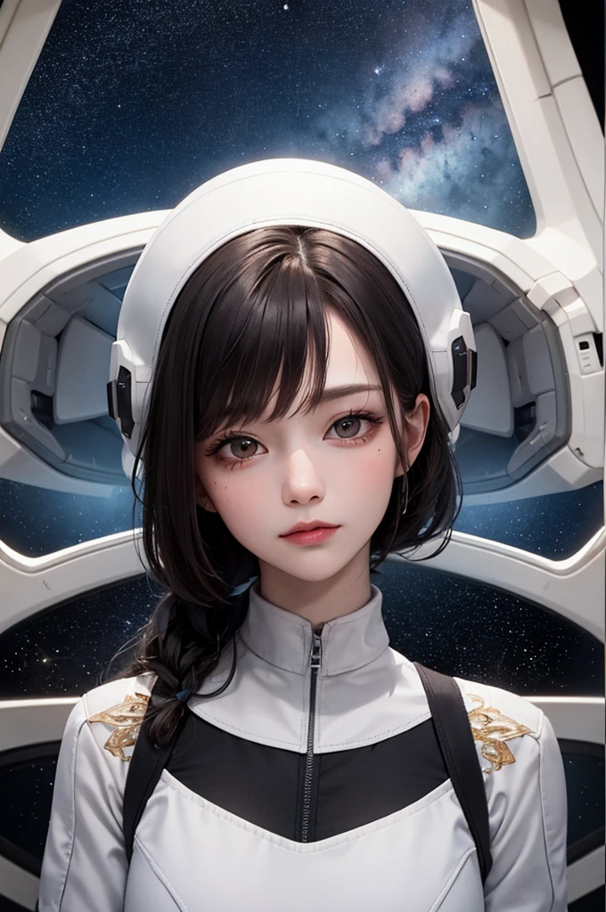 Masterpiece, Best Quality, 8K, Detailed Skin Texture, Detailed Cloth Texture, Beautiful Detail Face, Intricate Detail, Ultra Detailed, Portrait, BLACK Hair, brown Eyes, Head Tilt, Inside the spaceship、Spacecraft crew、full body shot、Outside the window is space、star、meteorite、Milky Way
