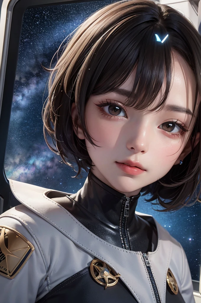 Masterpiece, Best Quality, 8K, Detailed Skin Texture, Detailed Cloth Texture, Beautiful Detail Face, Intricate Detail, Ultra Detailed, Portrait, BLACK Hair, brown Eyes, Head Tilt, Inside the spaceship、Spacecraft crew、full body shot、Outside the window is space、star、meteorite、Milky Way
