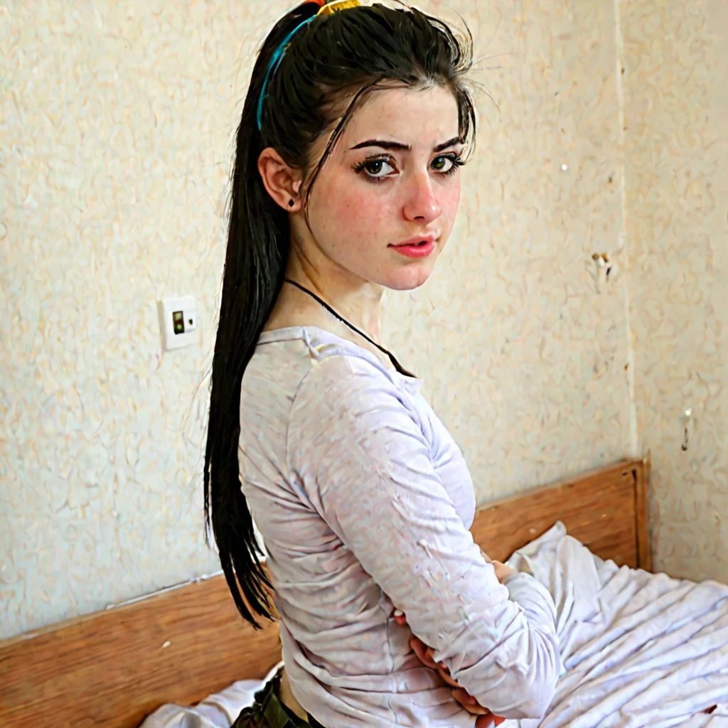 Pale skin bun hair Kurdish nude girl talking with a ugly Kurdish man in room view from side full body