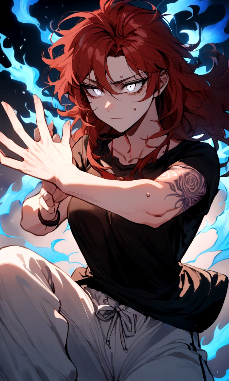 make me a female, 22 years old, red long messy hair, white eyes, she's blind, body tattoos, black tight shirt and baggy white sweatpants, emotionless face, she's fighting, blue fire powers