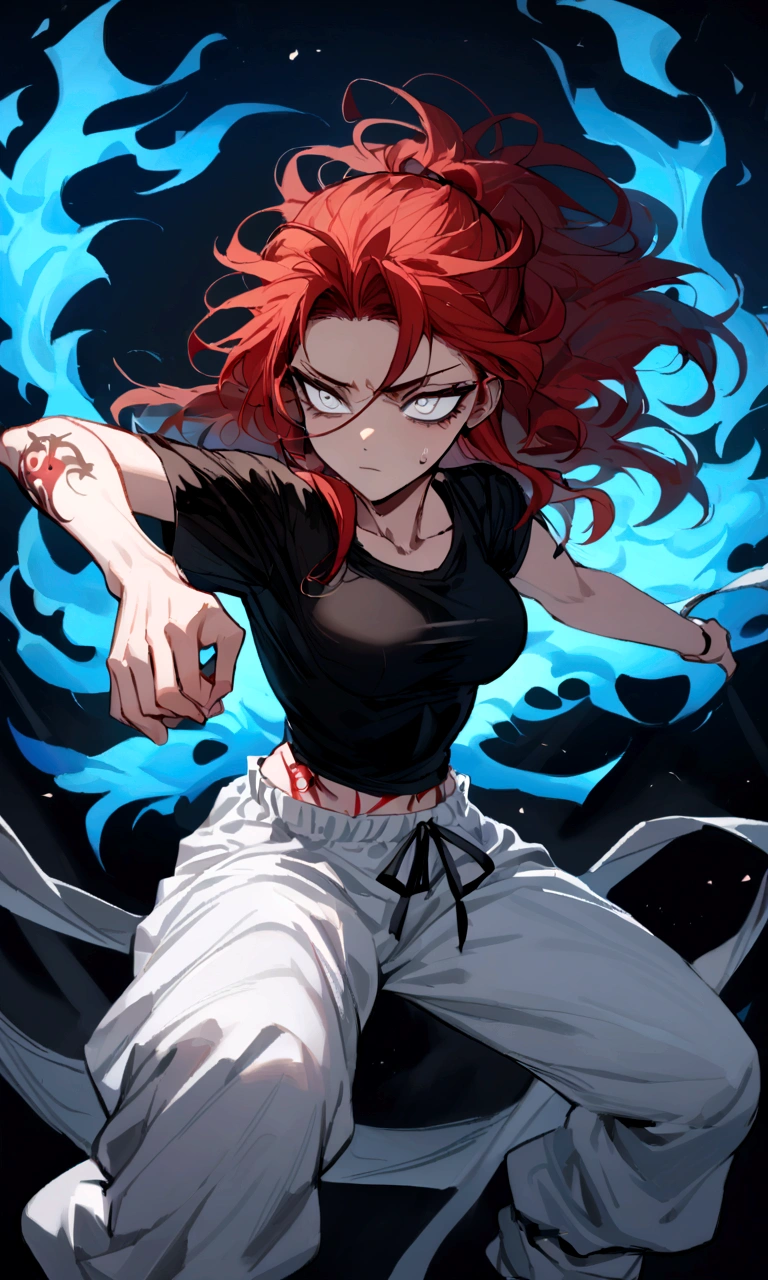 make me a female, 22 years old, red long messy hair, white eyes, she's blind, body tattoos, black tight shirt and baggy white sweatpants, emotionless face, she's fighting, blue fire powers