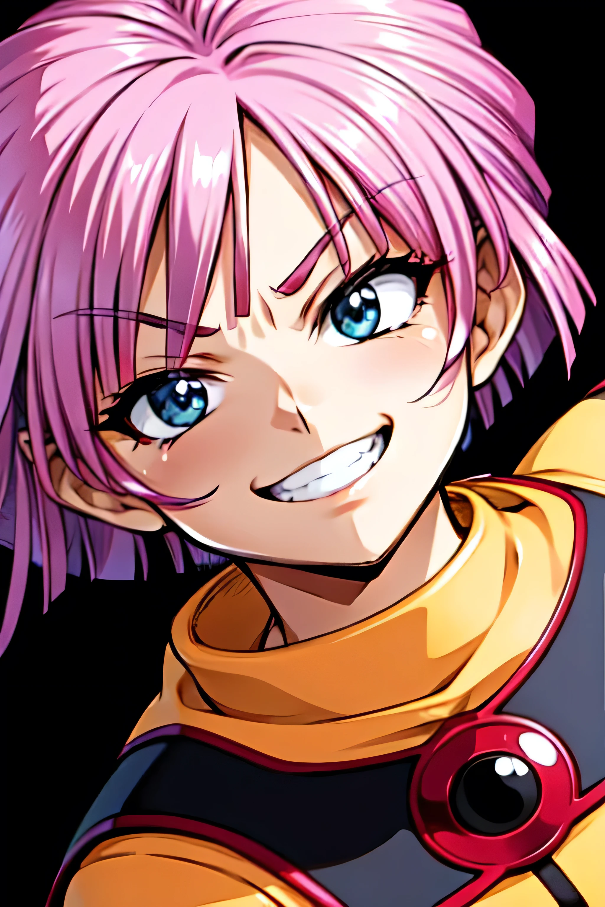 (best_quality 4K, 8K, High resolution, Masterpiece: 1.2), ultra detailed),from_below,(anime_screencap),(1girl,solo),dynamic_angle,too evil_smile,too evil laugh at,tis,deep shaded_face,too sadistic,smile worst,,bob short  hair,,,looking at viewer,upper body,black background,too worst smile,too bad smile,too evil smirk,