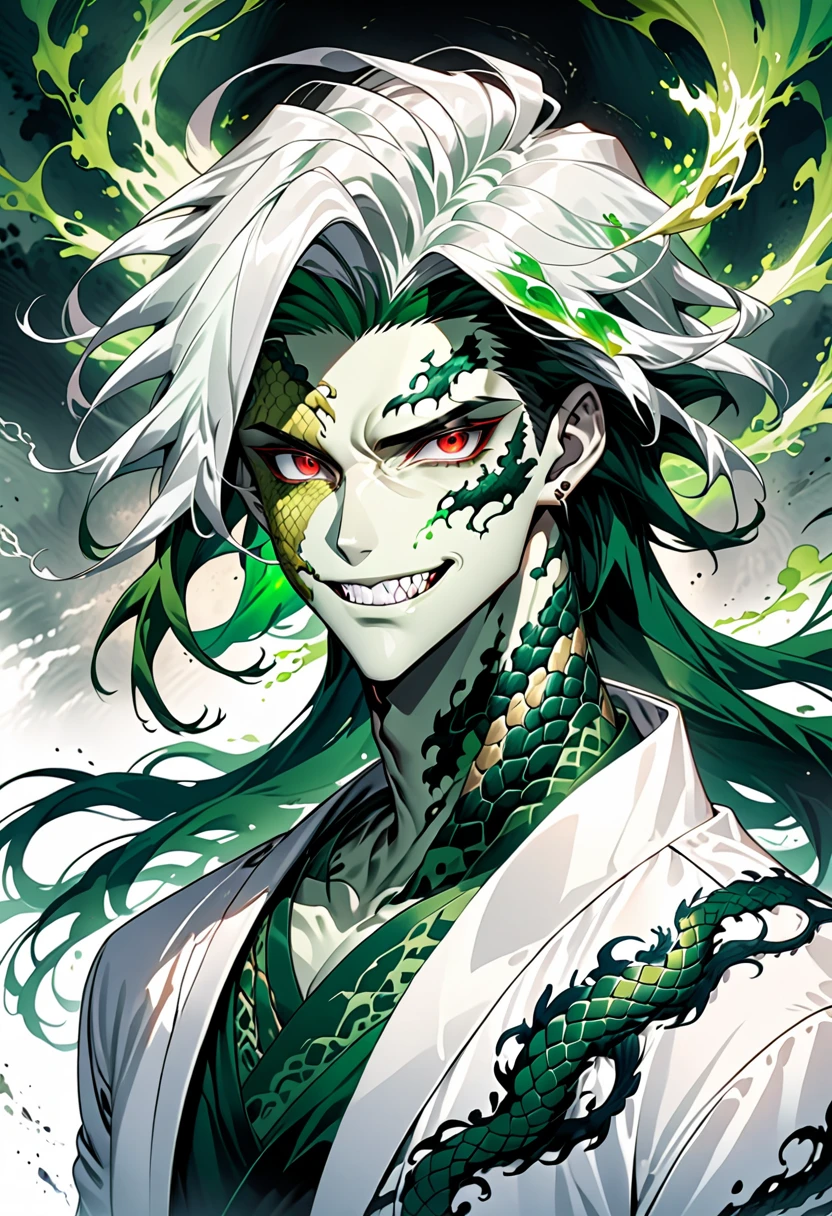 Generate an anime-style illustration of a age male character with the appearance of a Gorgon. He should have pale skin, sharp facial features, and a monstrous look, with green scales covering parts of his face and body. His hair should be made entirely of slender, elegant white snakes with subtle green highlights, all oozing a green liquid aura. The snakes should have piercing red eyes. The character should be wearing a white trench coat hoodie with accents of green, creating a harmonious green and white color theme. He should have a sinister grin on his face. Please ensure that the overall aesthetic remains true to traditional anime art style