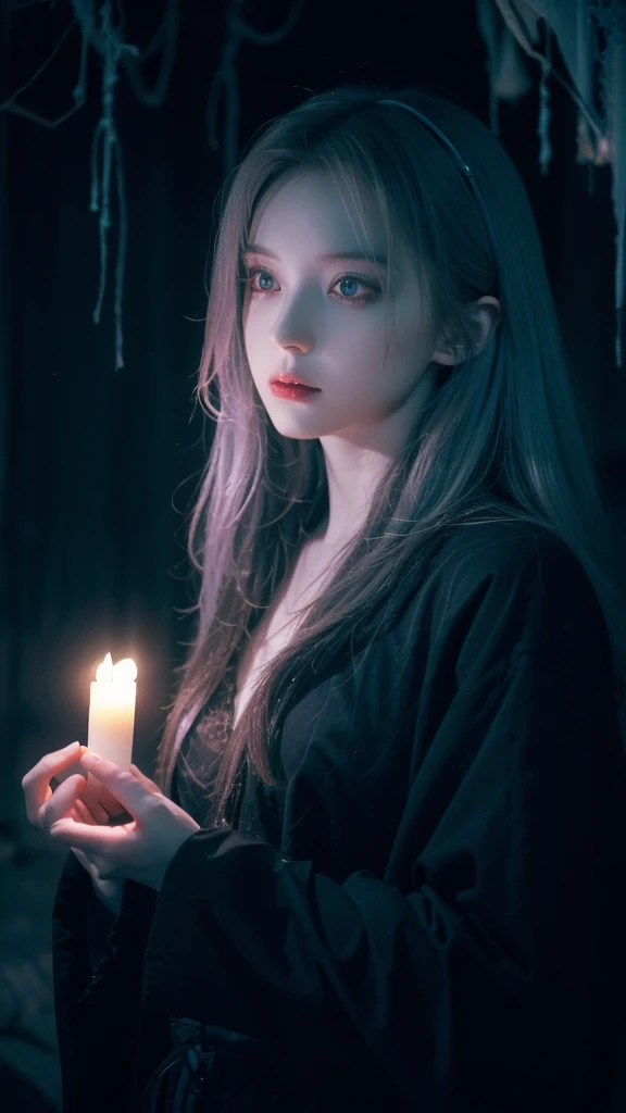 xxmix_girl,a woman with long hair and a black sweater is holding a candle in her hand and looking at the camera,