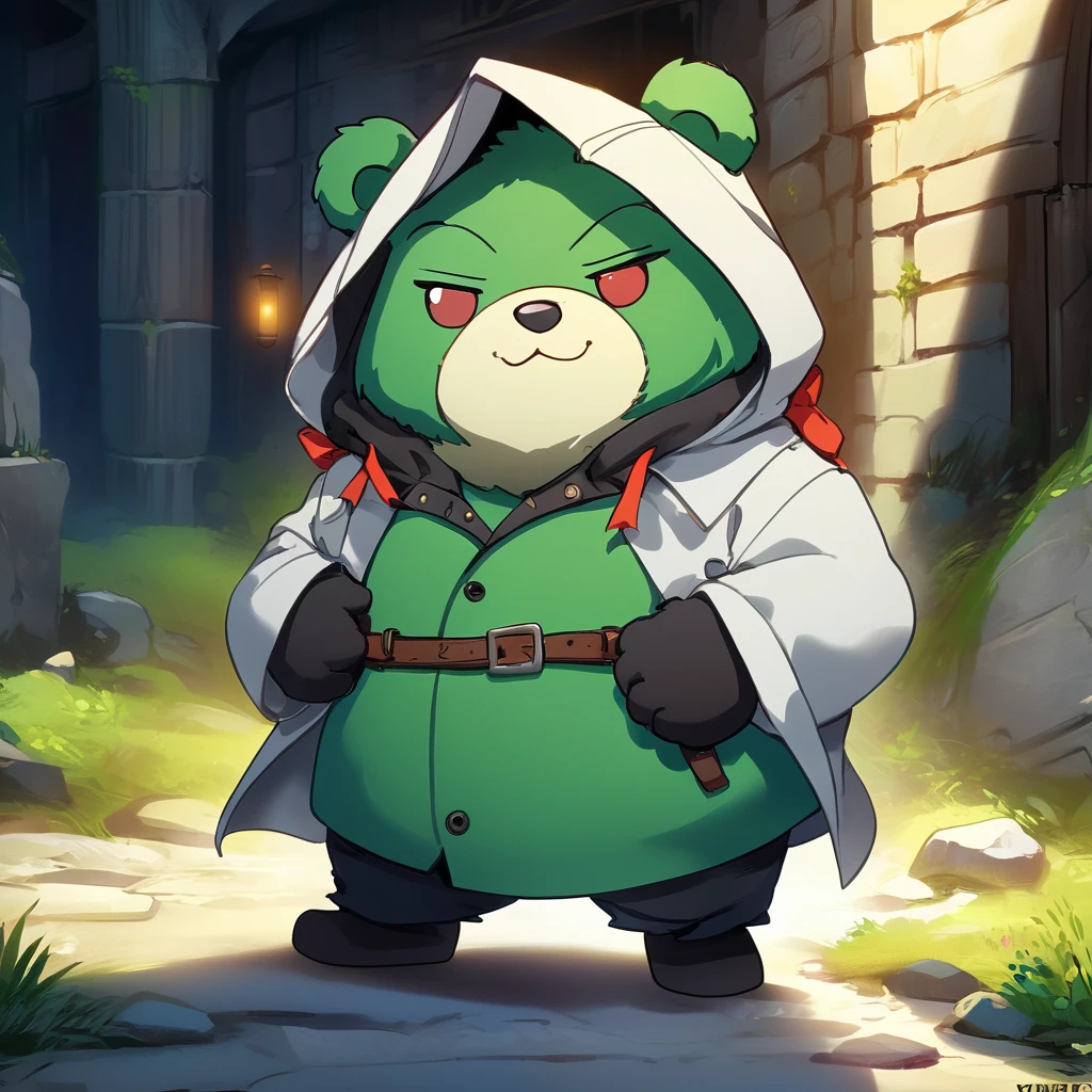 chibi,solo,
masterpiece,best quality,
fumo,
anthro, kemono, male, solo, ((round face, very plump face, thick beard)), ((endomorph body type, old-aged)), (adventure costume), ((green bear, bear) fluffy fur, fluffy), (at old ruin, dungeons), bokeh, (high quality, highres, masterpiece), (dynamic lighting, vivid color), (generous smile), (face focus), front view (close up), cartoon, (((green bear))), (((green fur))), green hair, beard, white eyebrows, bald, detailed red eyes, tall, Joyful, (black t-shirt inside), (((white unhooded trench coat ))), by zixiong, by takemoto arashi, by zixiong, (by null-ghost:0.8), (by t.y.stars:0.4), ((white belly)), close shot, large pectorals, pull his shirt up and reveal his chest,